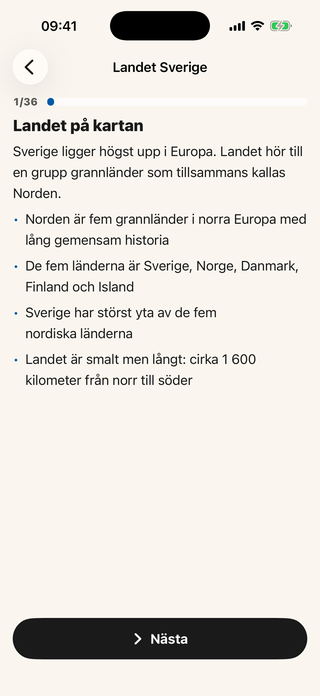 App screenshot: chapter 1 open in the reading view, with a page counter and a next button.