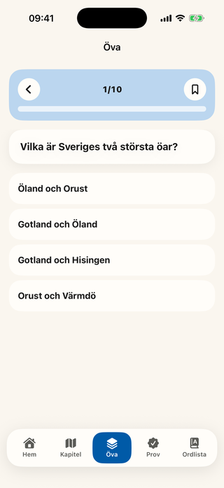 App screenshot: a question with four answer options, a counter at the top and the app's tab bar at the bottom.