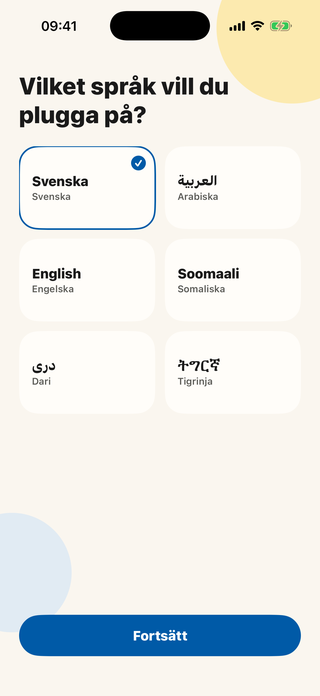 App screenshot: the language picker, with six language cards to choose from.