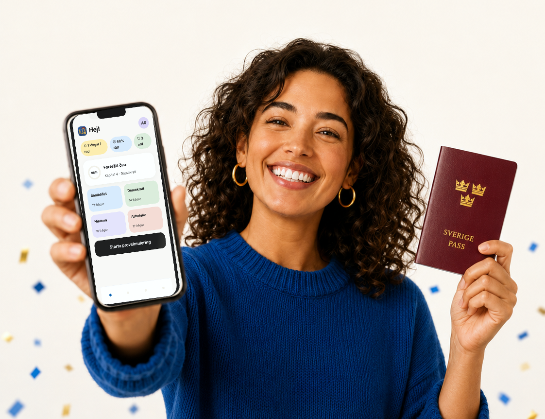 Happy person holding up a phone with the Citizen Sverige app home screen and a Swedish passport